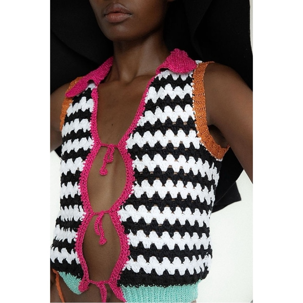 TACH Romina Crochet Shirt - Black White Metallic Fiber Tie Front Sleeveless Top